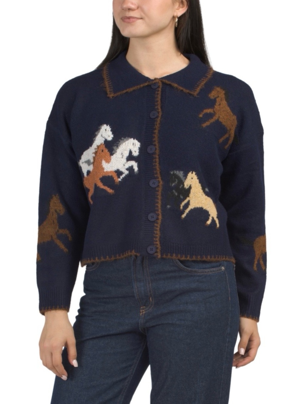 NWT Luna Ivy Navy Horse-Print Button-Up Sweater - S/M